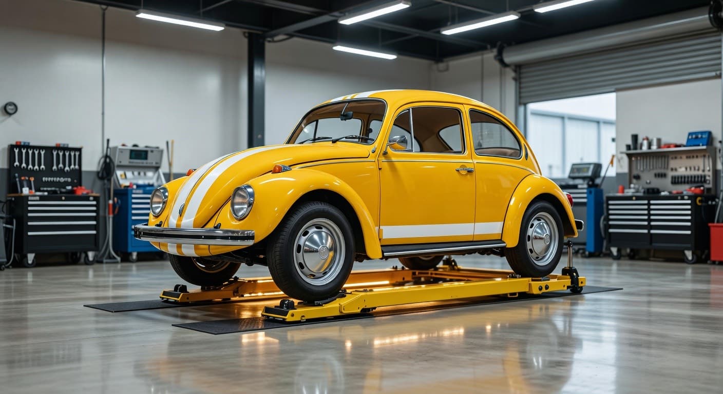 Yellow classic car in a service garage